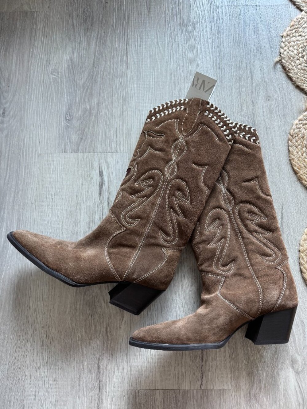 ZARA Suede Embroidered Cowboy Boots | Heart Cutout | Whipstitch | Brown | NWT | - Picture 10 of 16